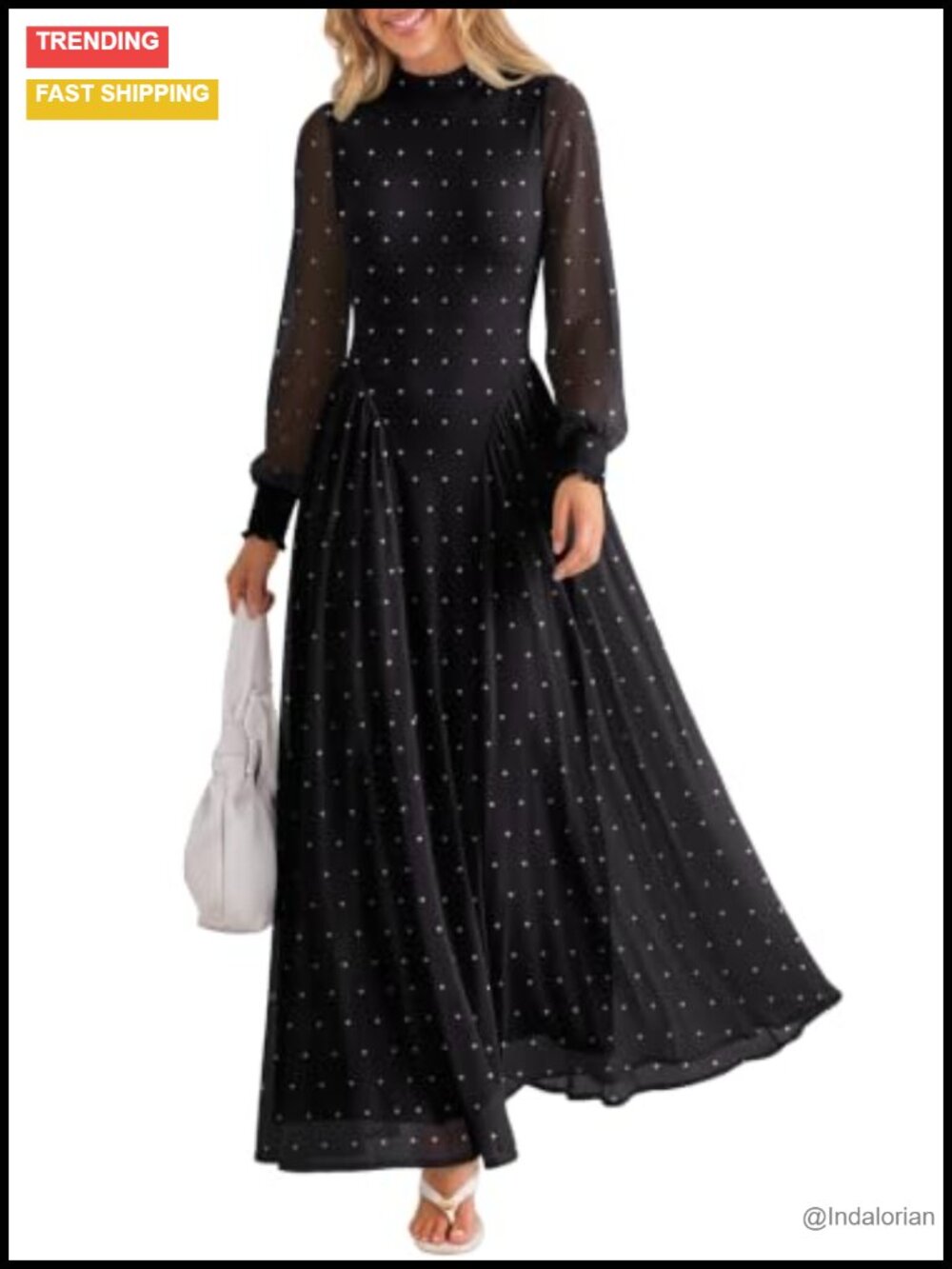 Elegant Long Sleeve Maxi Dress | Mock Neck Drop Waist A-Line Mesh